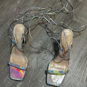 Strappy high heel sandals. Silver. 8.5